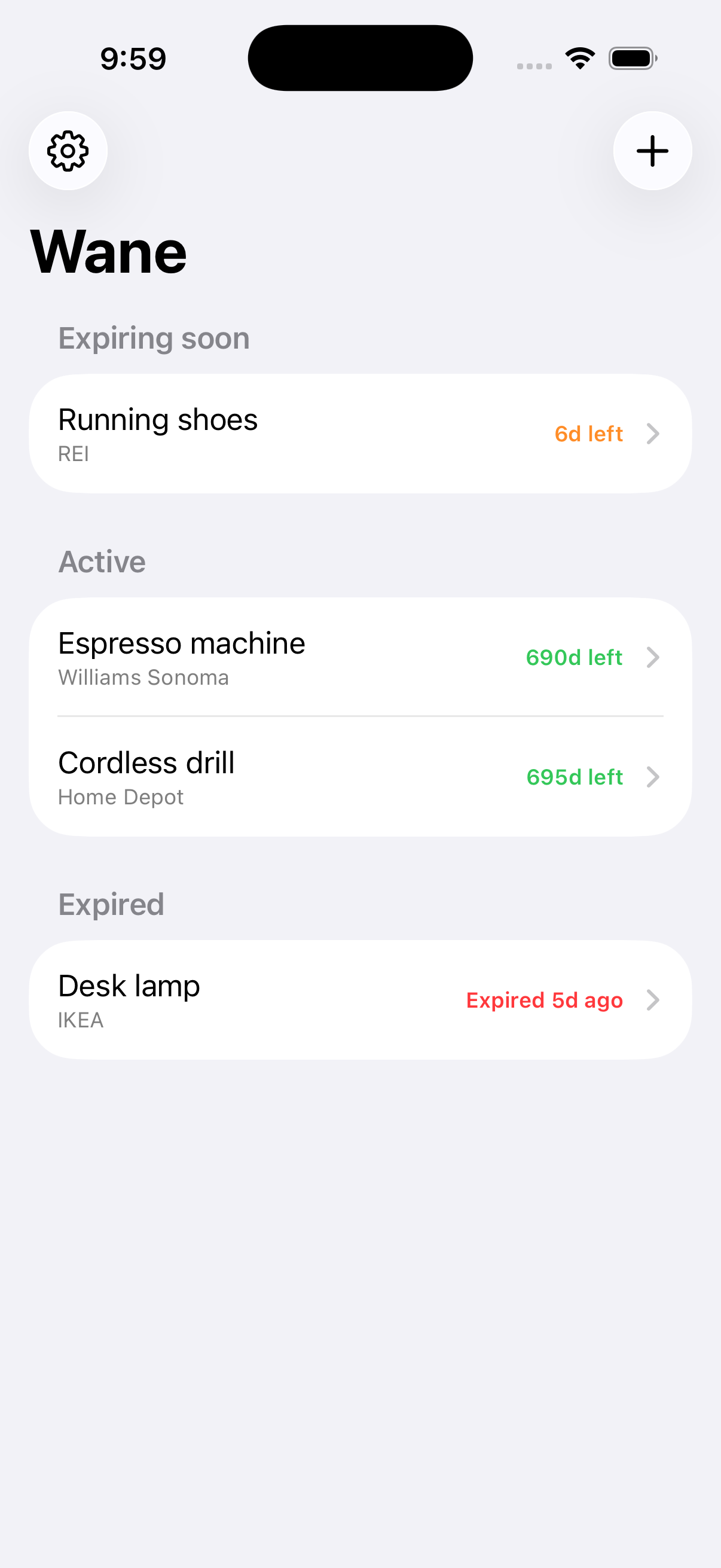 The items list, showing sections for expiring soon, active and expired coverage, each with a colour-coded countdown